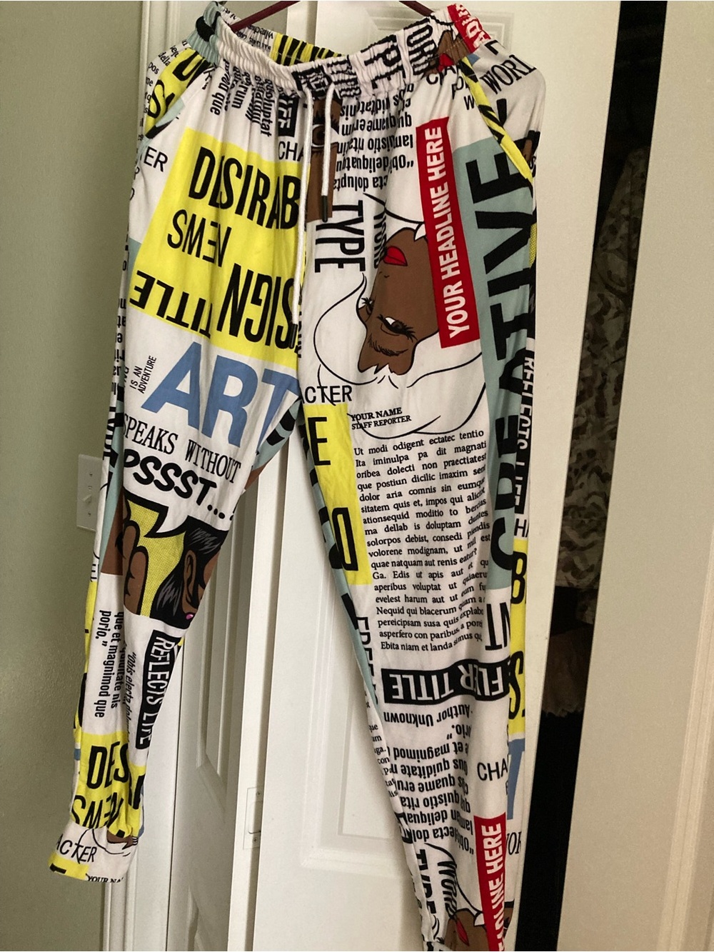 Graphic Newspaper-Print Joggers in White, Yellow & Blue